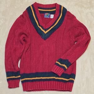 Vintage 90s Street Boys Sweater Medium V-Neck Varsity Stripe Knit Ramie Cotton